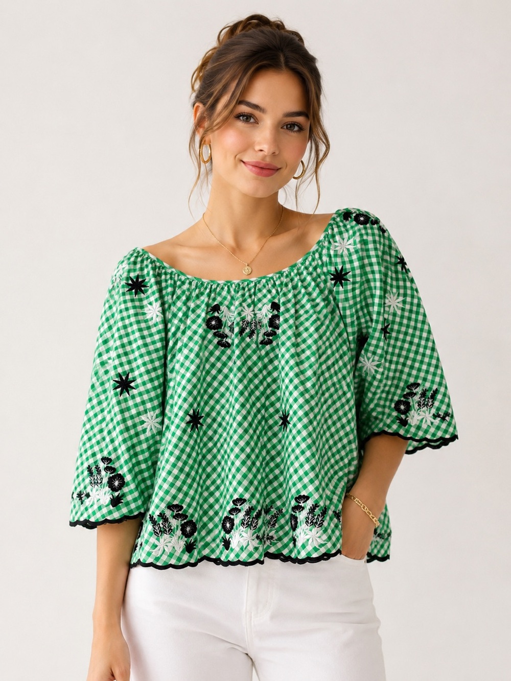 INNIKA CHOO Green Cotton Gingham Embroidered Bell Sleeve Top Sz. OSFM NWOT